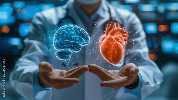 Obraz Doctor and advancements innovations with new medical technology for treatment to diagnose and treatment in brain and heart, cardiovascular system. 