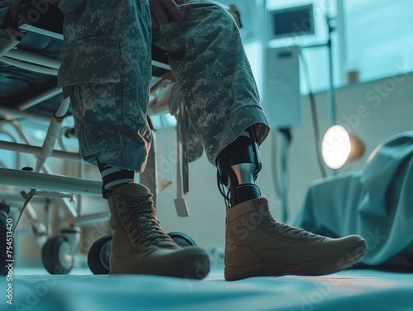 Fototapeta prosthetic leg for military and soldiers in the army. Recovery in a military hospital ward. Close-up.