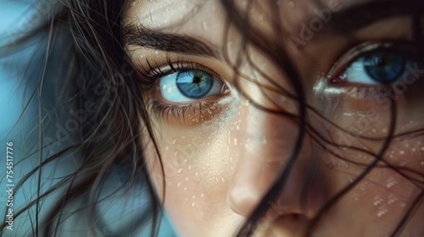 Fototapeta Mesmerizing Eyes: Close-Up of a Dewy Woman's Face