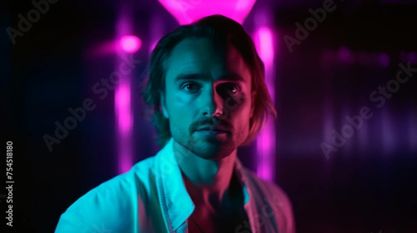 Fototapeta a man is standing in a dark room with neon lights behind him