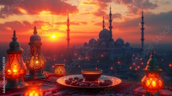 Fototapeta Traditional Iftar Table Overlooking Mosque at Sunset