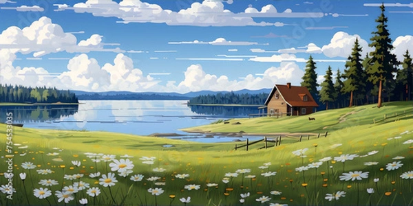 Fototapeta Tranquil lakeside cabin in a lush green field of daisies under a blue sky with white clouds.