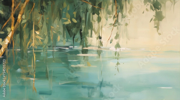 Fototapeta Green leaves of a weeping willow tree hang over a calm lake, painted in an impressionist style with soft brushstrokes.