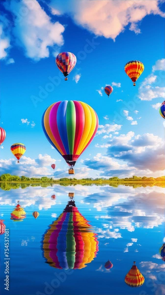 Fototapeta Hot air balloons floating over a lake with a reflection on the water surface against a backdrop of blue sky and white clouds.