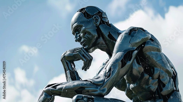 Fototapeta White humanoid robot with artificial intelligence in position to think