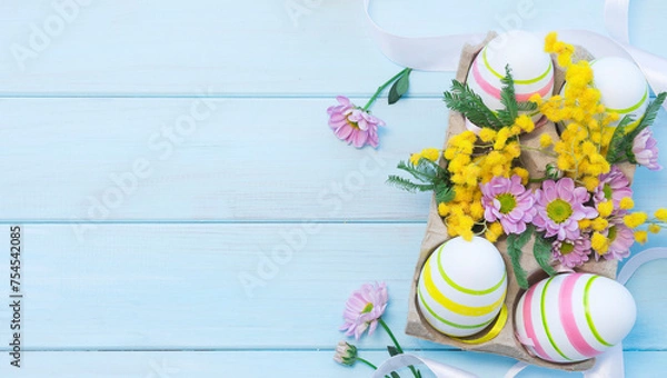 Fototapeta Easter composition with Easter eggs and flowers