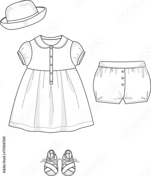 Fototapeta Baby Clothing Design, Infant Apparel Vector Technical Drawings, Newborn Clothing Flat Sketch, Baby Garments, Kids Fashion Design