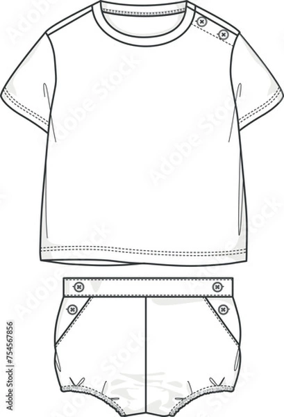 Fototapeta Adorable Designs for Newborns, Vector Illustrations of Baby Clothes, Flat Sketches, and Technical Drawings. Baby Clothing Collection and Sets. Bottom and top set designs for babies.