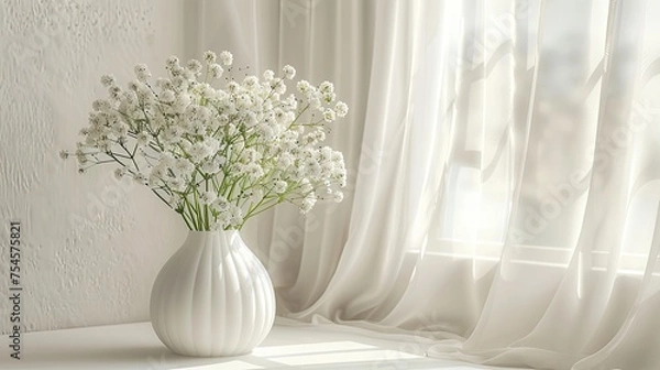 Fototapeta home interior with white flowers in a vase on a light background for product display 