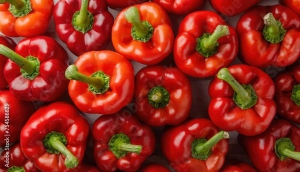 Fototapeta high quality photo . Full frame view from above abundance of vibrant shiny red bell peppers