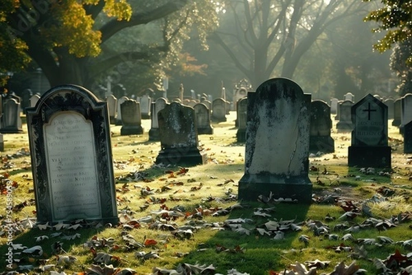 Fototapeta Vintage tombstone in a misty cemetery during autumn with scattered leaves and sunlight.