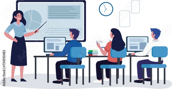 Fototapeta Współczesna scena w klasie, w której nauczyciel angażuje grupę uczniów. Uczniowie korzystają z komputerów i materiałów drukowanych, a nauczyciel korzysta z prezentacji cyfrowej.