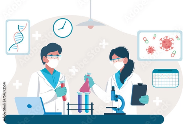 Fototapeta Two scientists working together in a well-equipped laboratory. Male and female professionals collaborate on a scientific experiment. Vector illustration. 