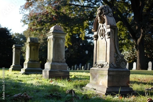 Fototapeta Historic gravestones bathed in soft sunlight in a serene cemetery setting.