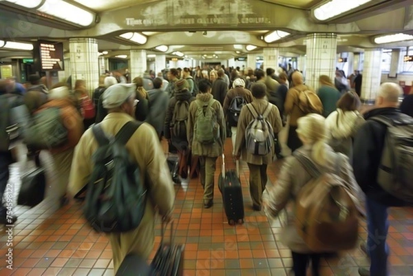 Fototapeta Rush hour crowd funnels through a subway station, blurring into a river of motion.