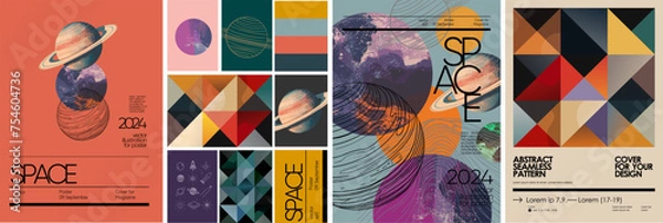 Obraz Abstract art space. Vector modern trendy illustrations of planets, line art, universe, galaxy, seamless geometric pattern for poster, brochure or background