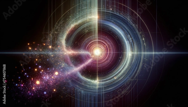 Fototapeta Futuristic hyperdrive core digitally disintegrating in serene space.