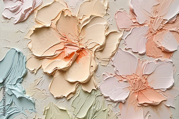 Fototapeta painting on canvas of flowers in a neutral color, in the style of soft sculptures, use of impasto technique, light pink and light orange, close-up, colorful woodcarvings, textured paint layers