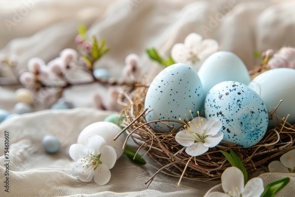 Obraz Easter eggs with sweets and flowers on beige background. Happy Easter concept. 