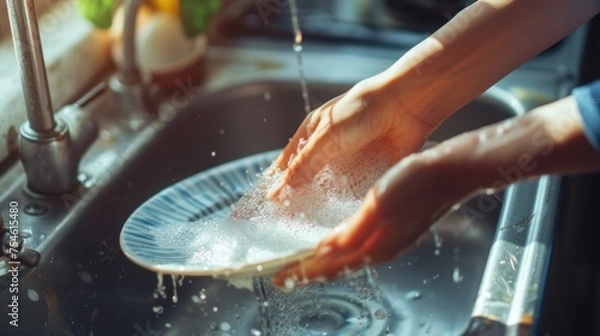 Fototapeta Close up hands washing dishes or utensils at kitchen use soap
