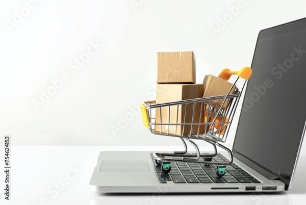 Fototapeta Shopping cart on laptop keyboard against white background.