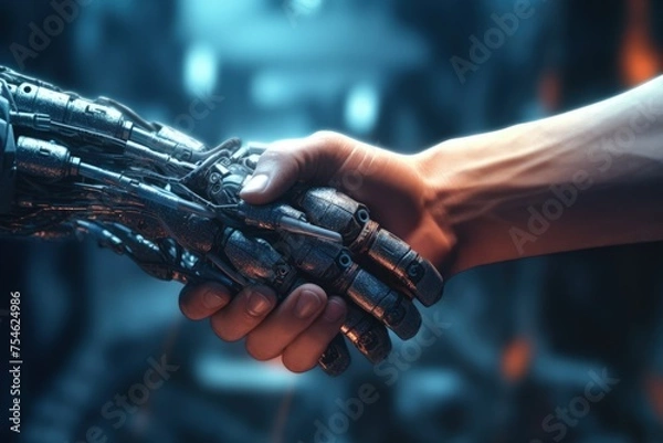 Fototapeta Handshake between Man and Robot, Concept of Human and Technology Interaction in Future