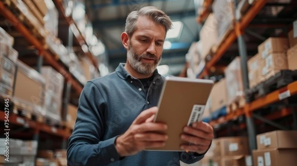 Obraz Middle aged large company inventory manager using smartphone to scan a barcode on package in warehouse.