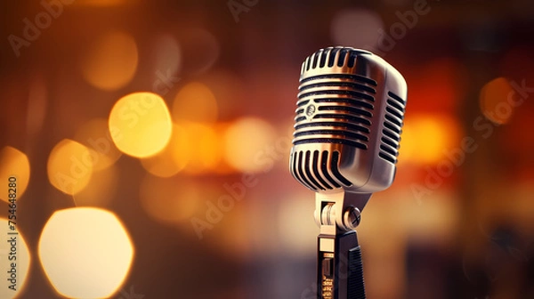 Fototapeta Beautiful blurred background with microphone on stage