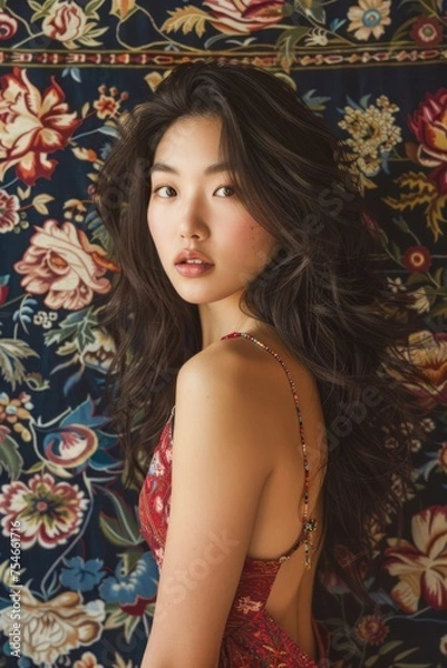 Fototapeta Elegant Young Asian Woman in Red Dress Posing Against Floral Pattern Background, Artistic Portrait
