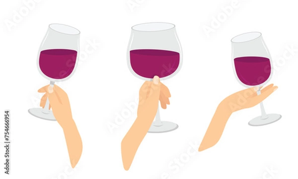 Obraz Hands holding a glass of red wine. Flat vector illustrations isolated on white background 