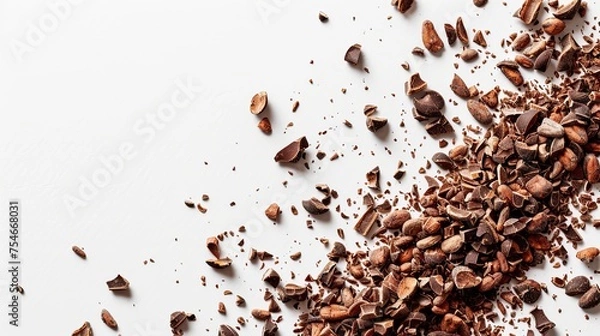 Fototapeta Close-up shot of cacao nibs scattered on white background.