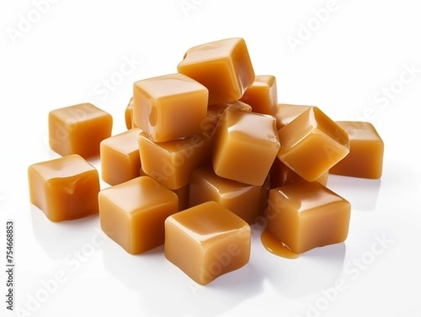 Fototapeta Pile of Caramel Cubes Isolated on White Background. Generative AI