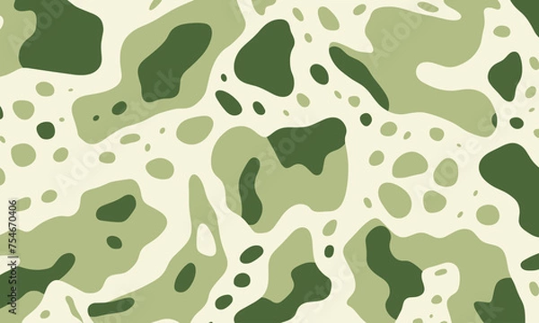 Obraz Seamless Pattern of Green and White Abstract Shapes, Resembling Cow Spots, Creating an Organic Feel for a Unique Design Element. The Background Is a Soft Cream Color, Enhancing the Camouflaged