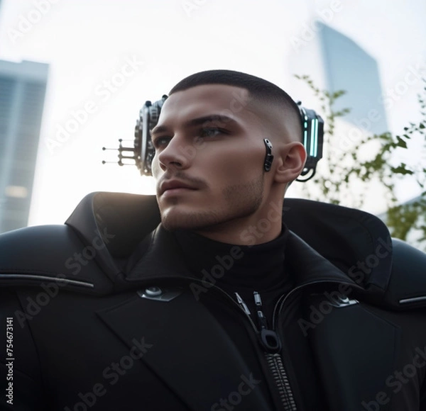 Fototapeta A man from the progressive future in fashionable clothes, appearance and technology.