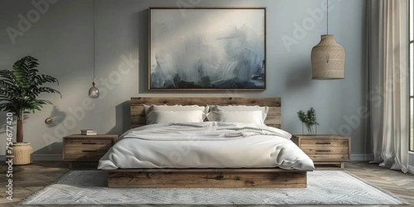 Fototapeta Cozy and elegant bedroom with big bed, nice bedclothes, wooden bedside tables and with warm light