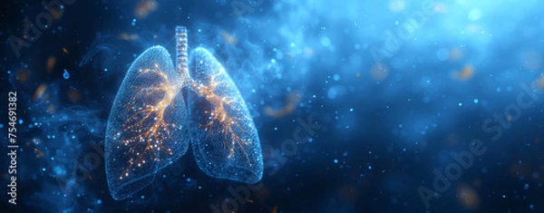 Fototapeta Digital representation of human lungs with sparkling structure, blue background, medical, health, biology, respiratory system, anatomy, science, technology, particles, 3D, glowing