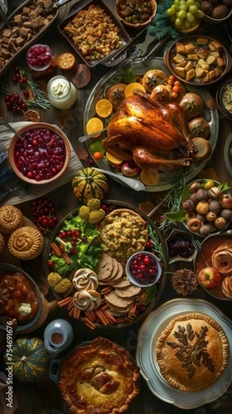 Fototapeta Aerial view of a Thanksgiving feast on a rustic table filled with traditional dishes turkey, cranberry sauce, stuffing, pies, and more