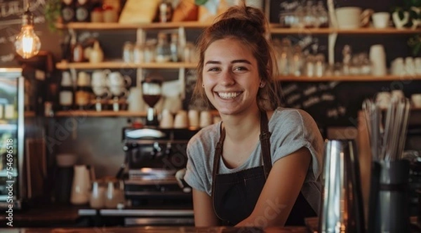 Fototapeta Beautiful female barista and smiles while working behind the bar counter in a cafe.