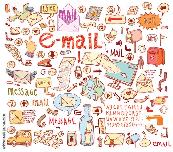 Obraz E-mail doodle set. Hand-drawn vector illustration.