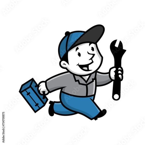 Obraz running handyman holding a monkey wrench.