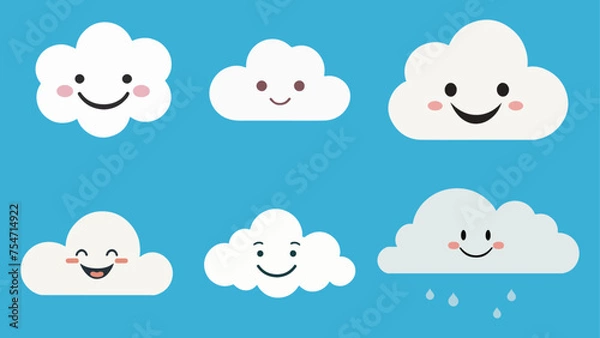 Fototapeta set of smiling clouds, happy clouds vector