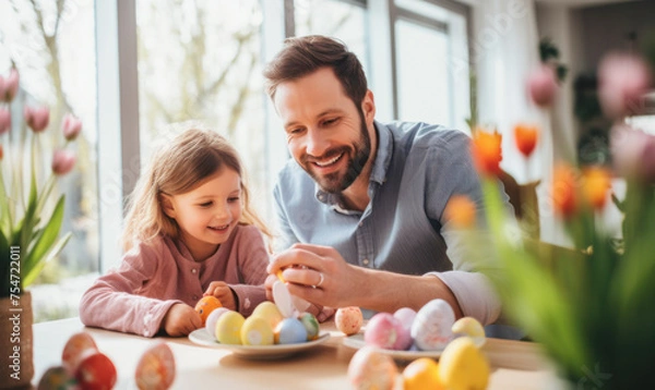 Fototapeta A man and a little girl are sitting at a table with a plate of Easter eggs in front of them. Scene is happy and playful