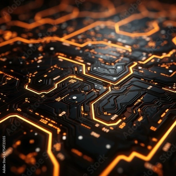 Fototapeta A vibrant circuit board with glowing orange lights, resembling digital lava flows. Perfect for dynamic, energy-focused designs. Generative AI.