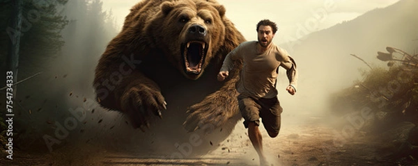 Obraz Man running from a bear in a forest