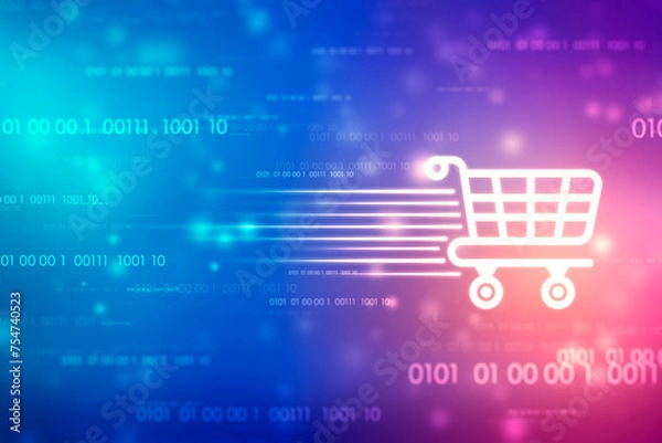 Fototapeta E-commerce. Internet shopping. Online purchase. Business, internet and technology concept. Digital shopping, Shopping icon on technology abstract background.