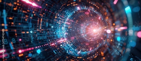 Obraz Digital Vortex, The Data Tunnel, a futuristic tunnel of swirling digital data and neon lights, representing the high-speed flow of information through a cybernetic vortex in the digital age.