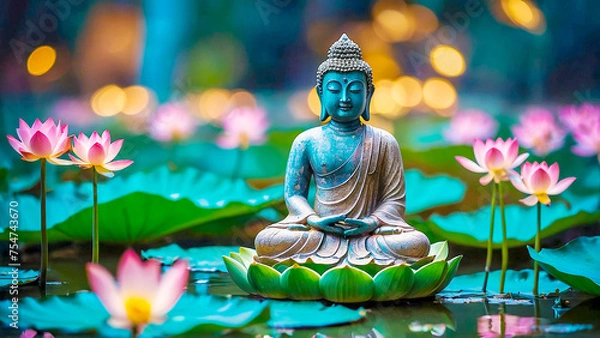 Obraz Buddha on a lotus Nature blurred background
