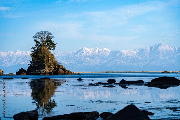 Obraz 冬の雨晴海岸から眺める立山連峰