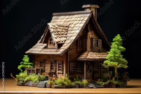 Fototapeta Wooden Miniature wooden house. Home warm nature concept small. Generate Ai