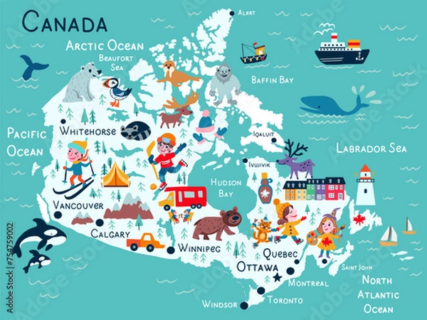 Fototapeta Canada map cartoon vector, American country geographic banner template, colorful illustration Canadian adventure, decorative travel card, sign attraction for design touristic poster, animal background
